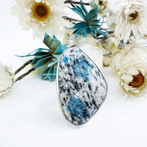 Freeform Natural Triangular K2 Granite with Azurite Silver Ring