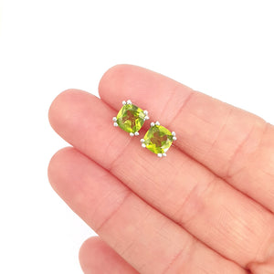 Generous Cushion Cut Double Claw Peridot Studs