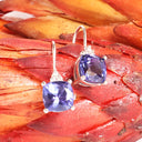 Glam Queen Cushion Cut Tanzanite With Trilogy Diamond Band White Gold Earrings
