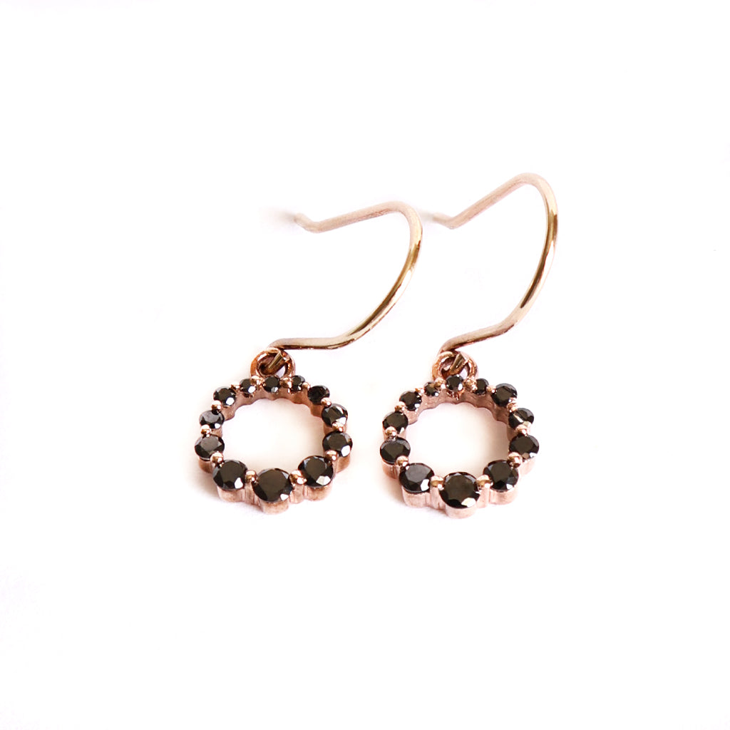 Glamorous Circular Black Diamond Halo Rose Gold Drop Earrings