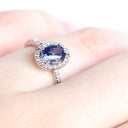 Glorious Blue Sapphire and Diamond Halo White Gold Ring