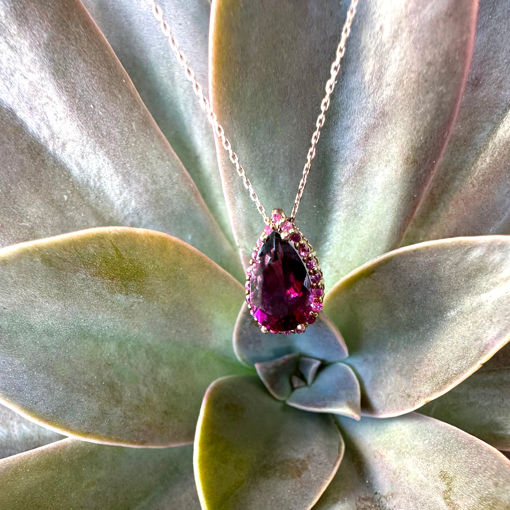 Gorgeous Pear Cut Purple Rhodolite and Pink Sapphire Pendant