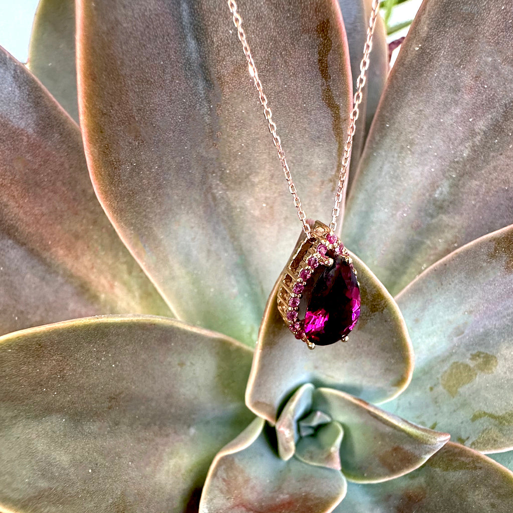 Gorgeous Pear Cut Purple Rhodolite and Pink Sapphire Pendant