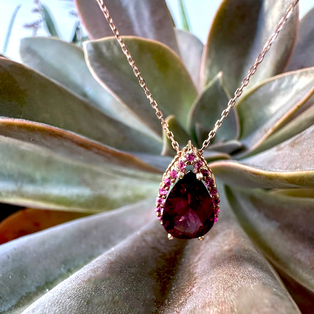 Gorgeous Pear Cut Purple Rhodolite and Pink Sapphire Pendant