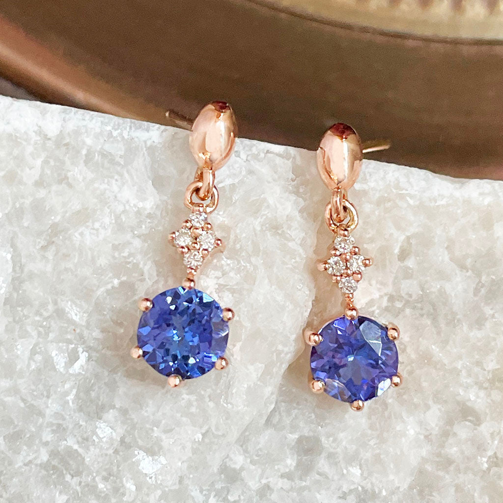 Tanzanite and Diamond Rose Gold Drop Earrings