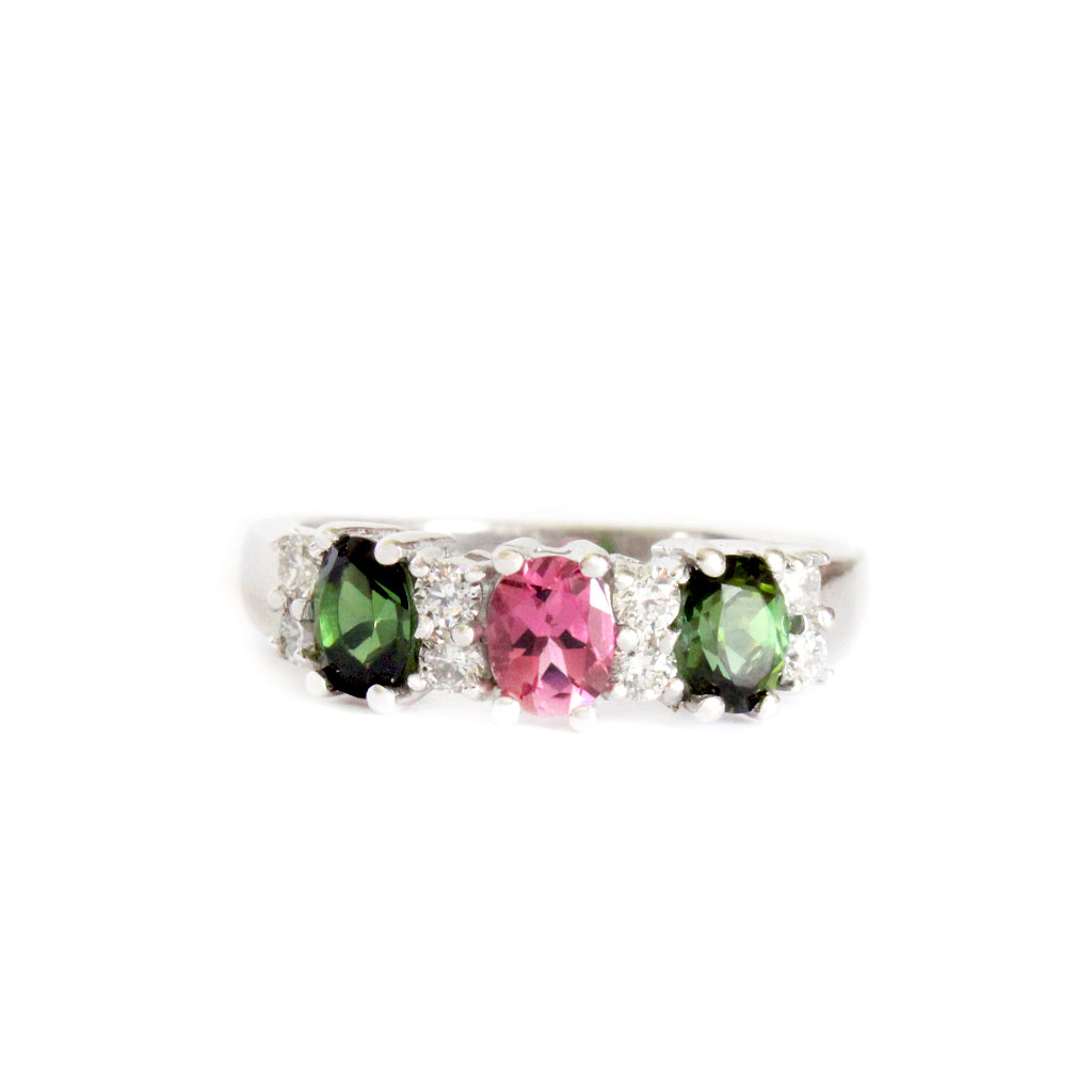 Gorgeous Trilogy Oval Green and Pink Tourmaline and Double Diamond Accent Ring
