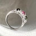 Gorgeous Trilogy Oval Green and Pink Tourmaline and Double Diamond Accent Ring