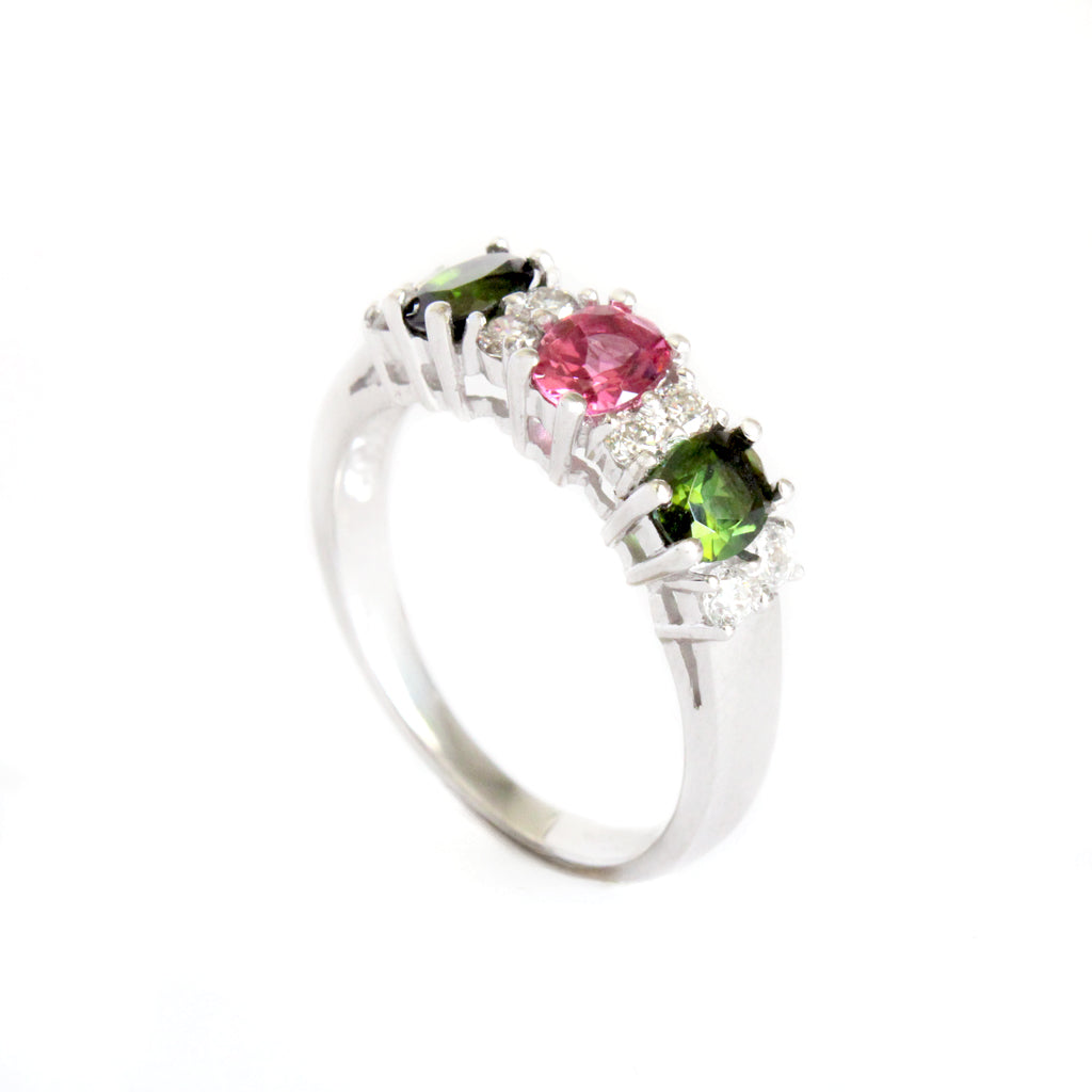 Gorgeous Trilogy Oval Green and Pink Tourmaline and Double Diamond Accent Ring