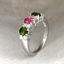 Gorgeous Trilogy Oval Green and Pink Tourmaline and Double Diamond Accent Ring