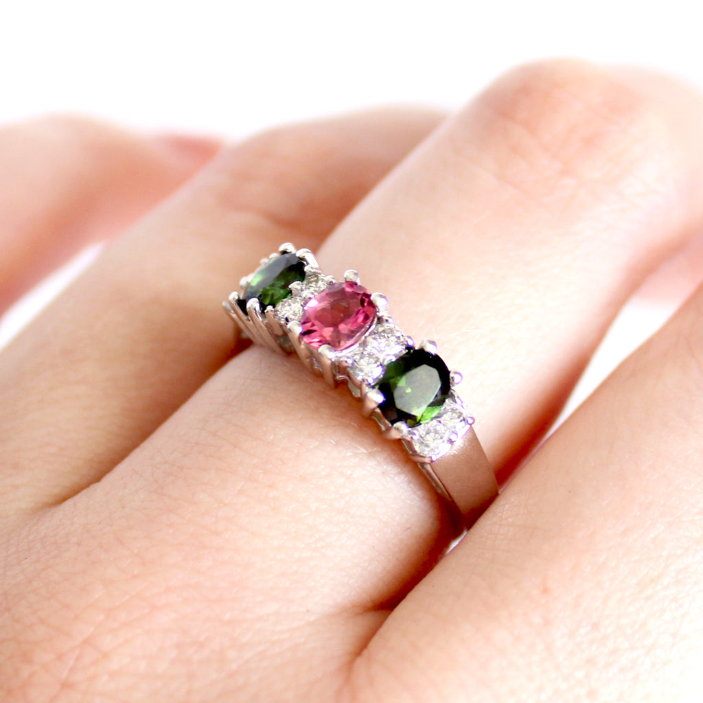 Gorgeous Trilogy Oval Green and Pink Tourmaline and Double Diamond Accent Ring