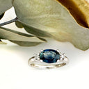 Gorgeously Elegant Oval Teal Sapphire and White Diamond White Gold Ring