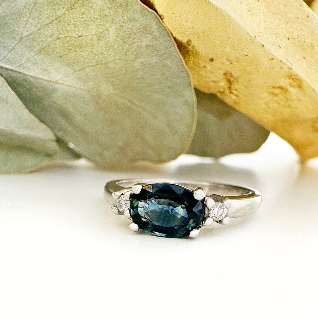 Gorgeously Elegant Oval Teal Sapphire and White Diamond White Gold
