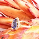 Grace Defined Pear Shaped Diamond Halo and Tanzanite Yellow Gold Ring