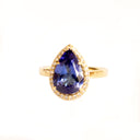 Grace Defined Pear Shaped Diamond Halo and Tanzanite Yellow Gold Ring