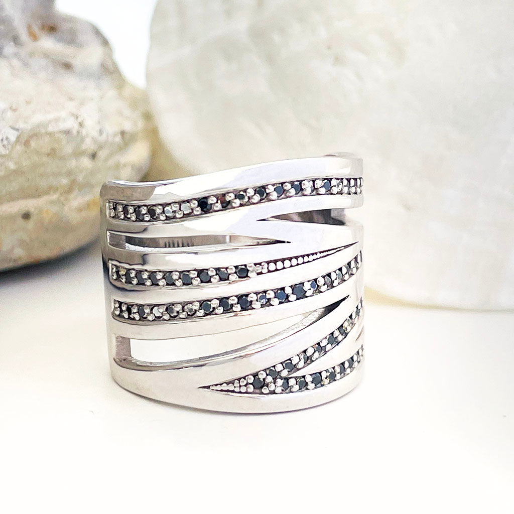 Black Diamond White Gold Zebra Statement Ring