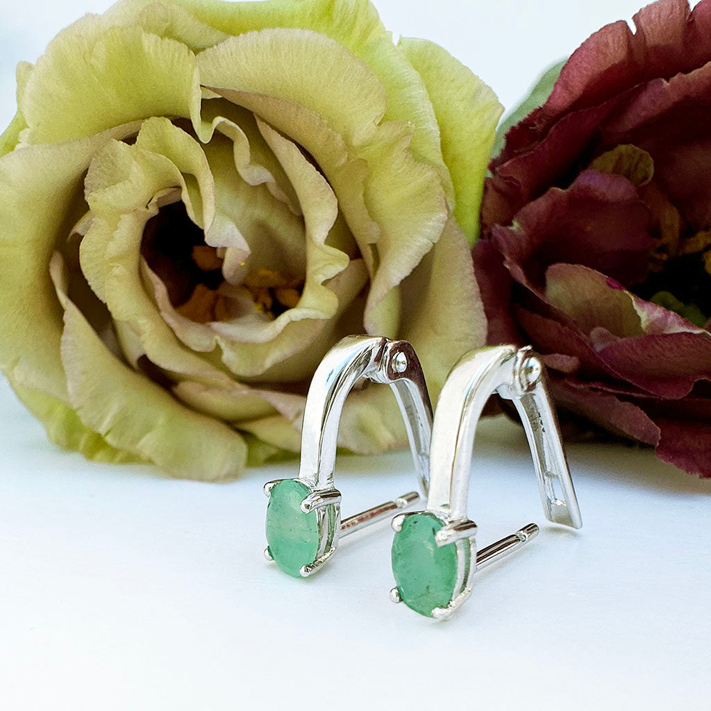 Silver Cabochon Emerald Huggie Earrings