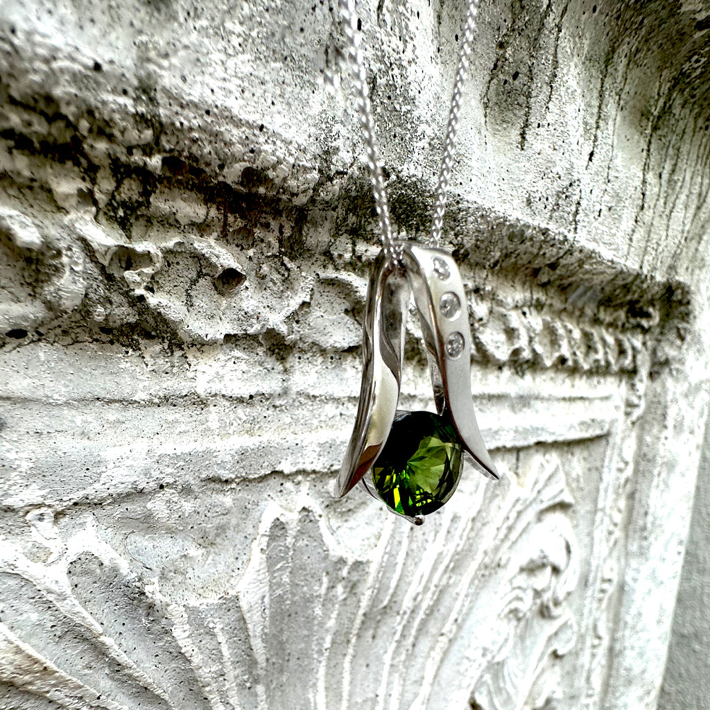 Handcrafted Tourmaline with Three Diamonds Ribbon Pendant
