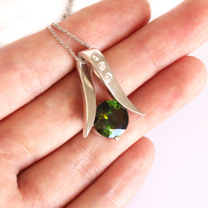 Handcrafted Tourmaline with Three Diamonds Ribbon Pendant