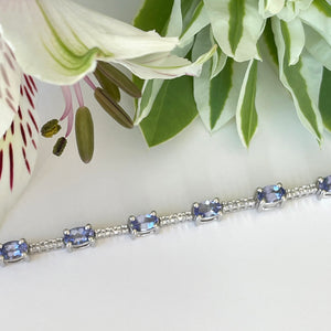 Silver Oval Cut Tanzanite and Silver Topaz Bar Highlight Bracelet