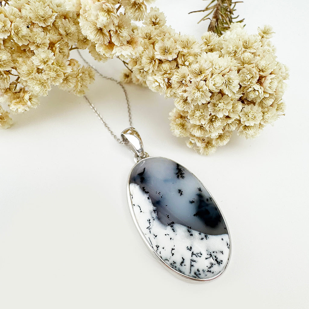 Natural Freeform Oval Dendritic Agate Silver Pendant - 50mm x 24mm