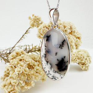 Natural Freeform Oval Dendritic Agate Silver Pendant - 50mm x 24mm