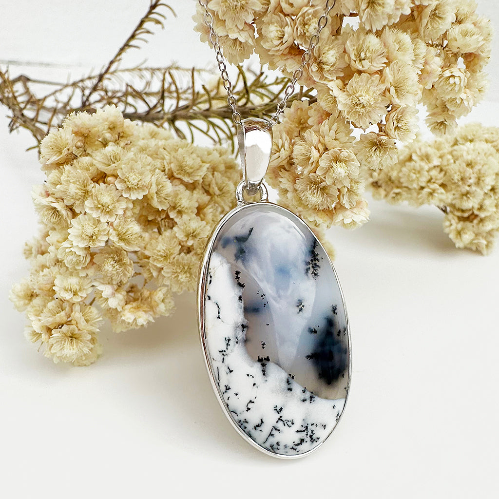 Natural Freeform Oval Dendritic Agate Silver Pendant - 50mm x 24mm