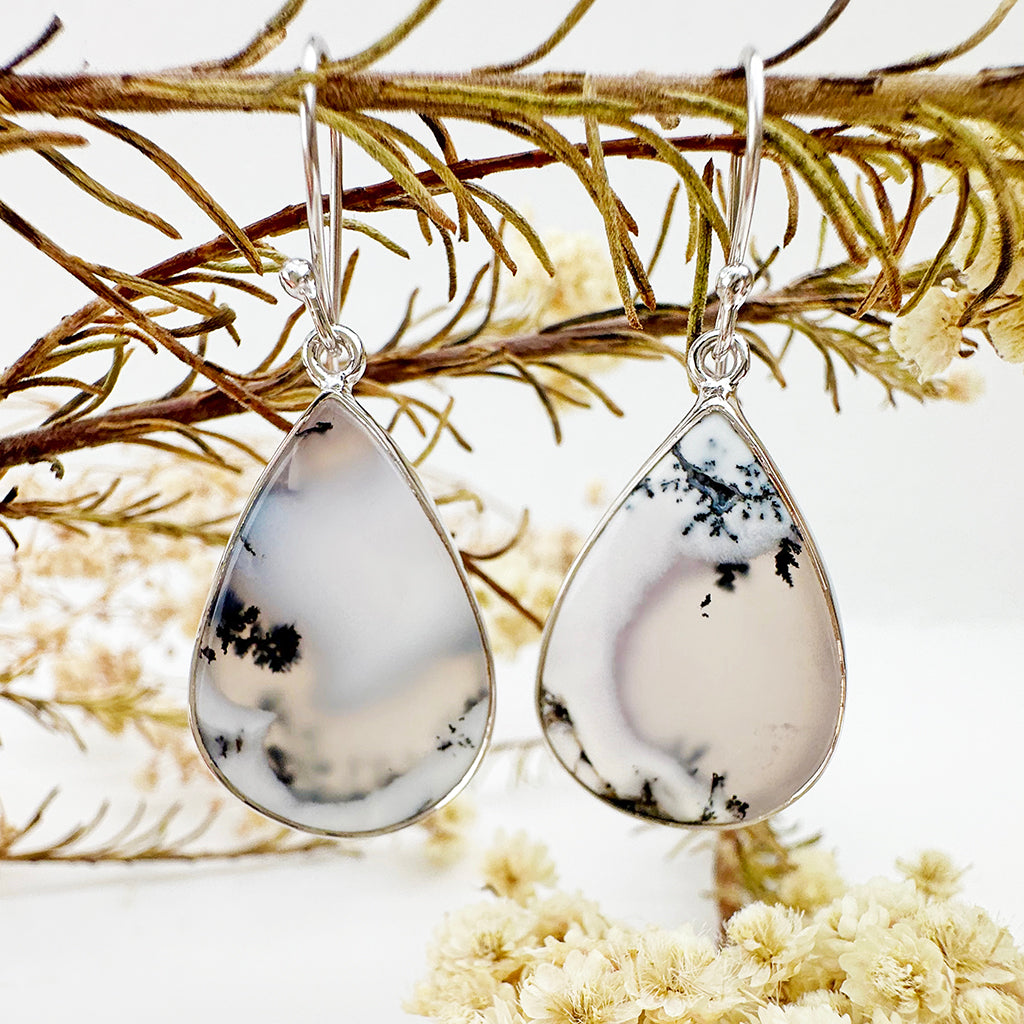 Natural Freeform Pear Cut Dendritic Agate Silver Drop Earrings - 42mm x 18mm