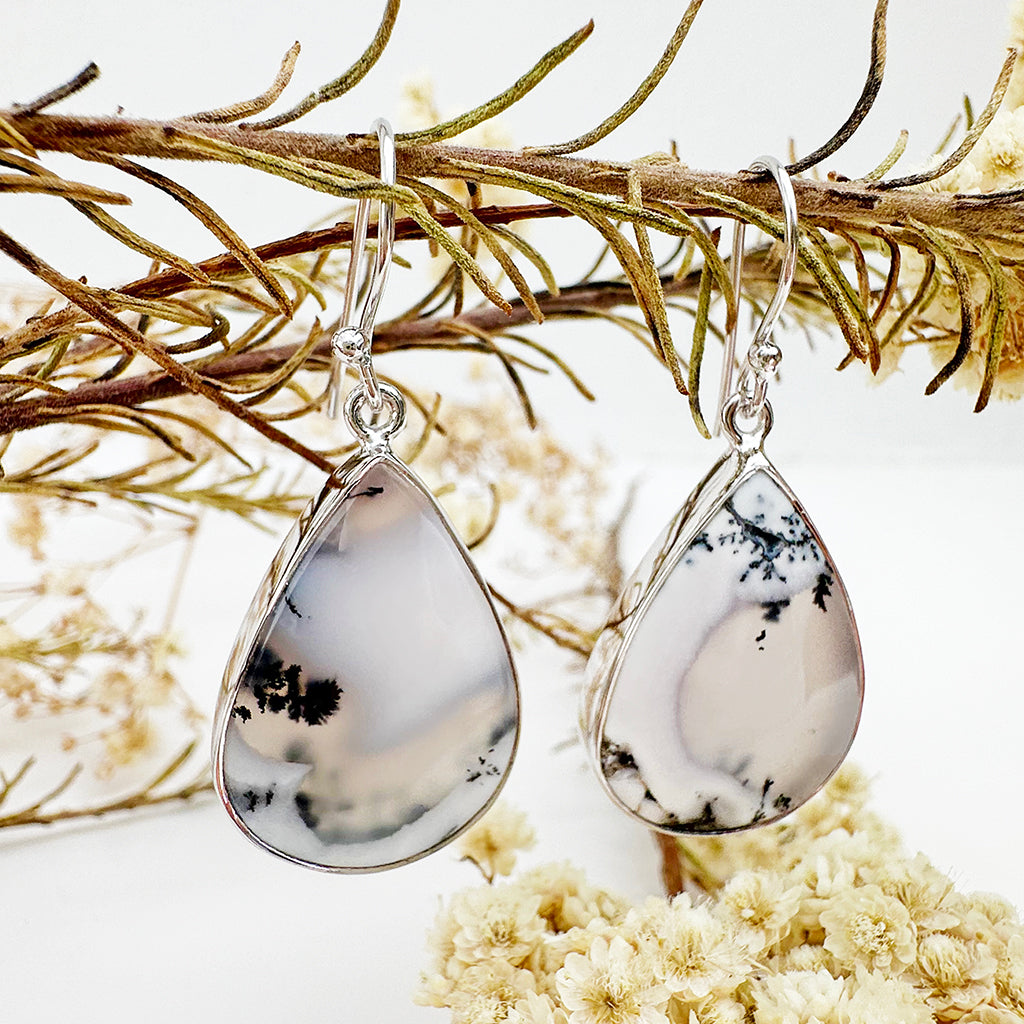 Natural Freeform Pear Cut Dendritic Agate Silver Drop Earrings - 42mm x 18mm