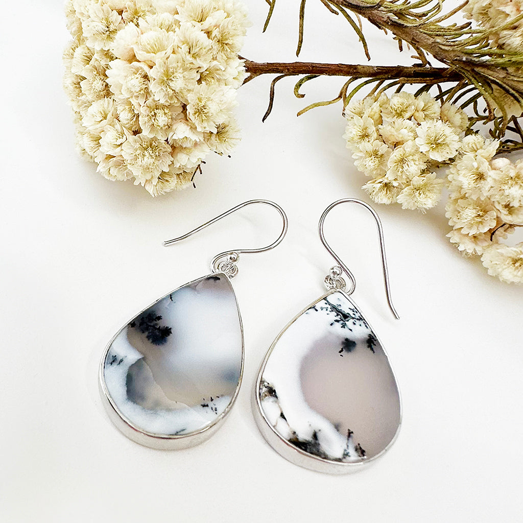 Natural Freeform Pear Cut Dendritic Agate Silver Drop Earrings - 42mm x 18mm