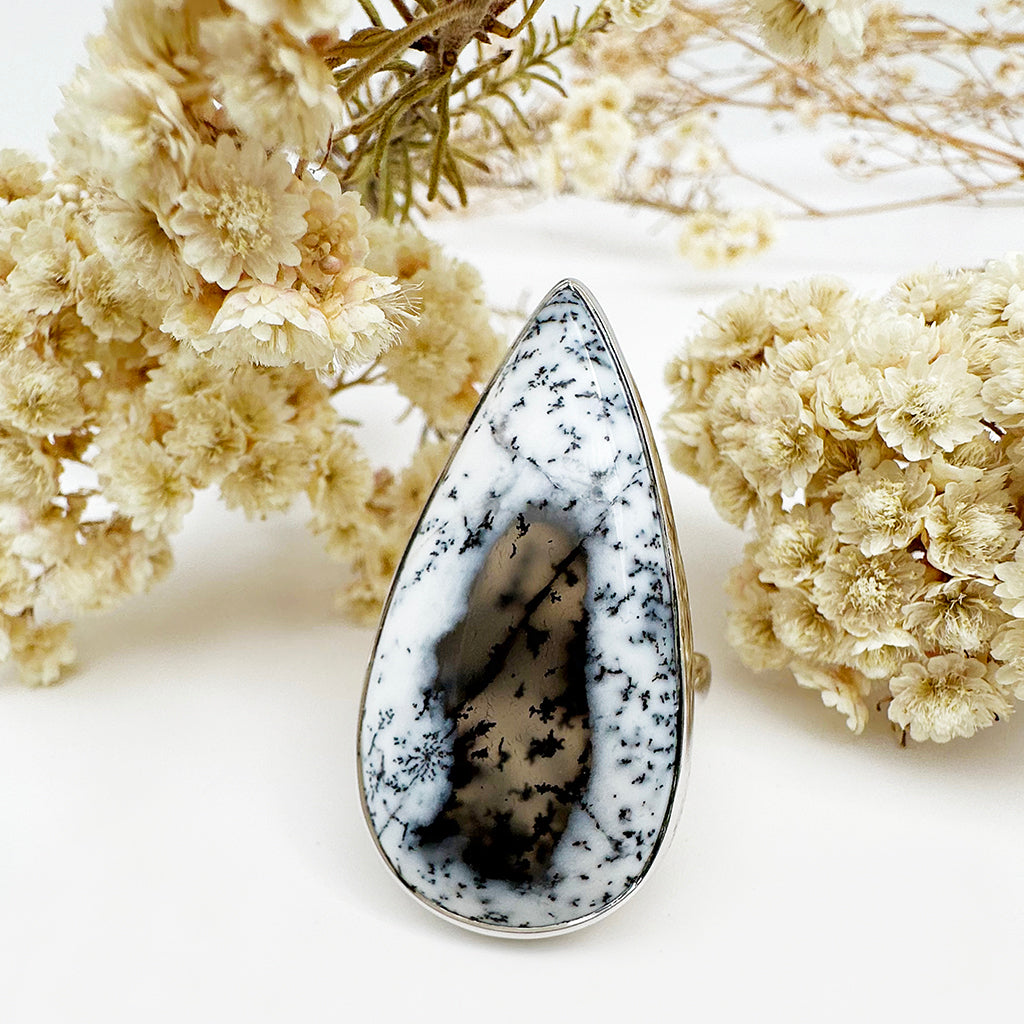 Natural Freeform Elongated Pear Cut Dendritic Agate Silver Ring - 40mm x 20mm