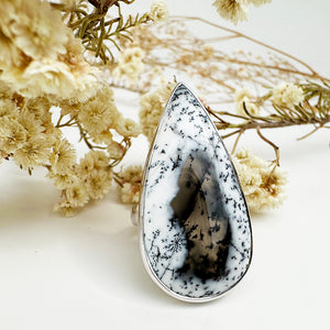Natural Freeform Elongated Pear Cut Dendritic Agate Silver Ring - 40mm x 20mm