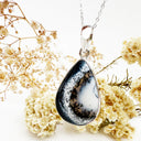 Natural Freeform Pear Cut Dendritic Agate Silver Pendant - 50mm x 25mm