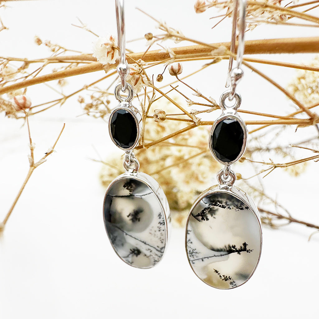 Natural Freeform Oval Dendritic Agate and Oval Black Tourmaline Silver Drop Earrings - 50mm x 15mm