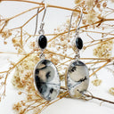 Natural Freeform Oval Dendritic Agate and Oval Black Tourmaline Silver Drop Earrings - 50mm x 15mm