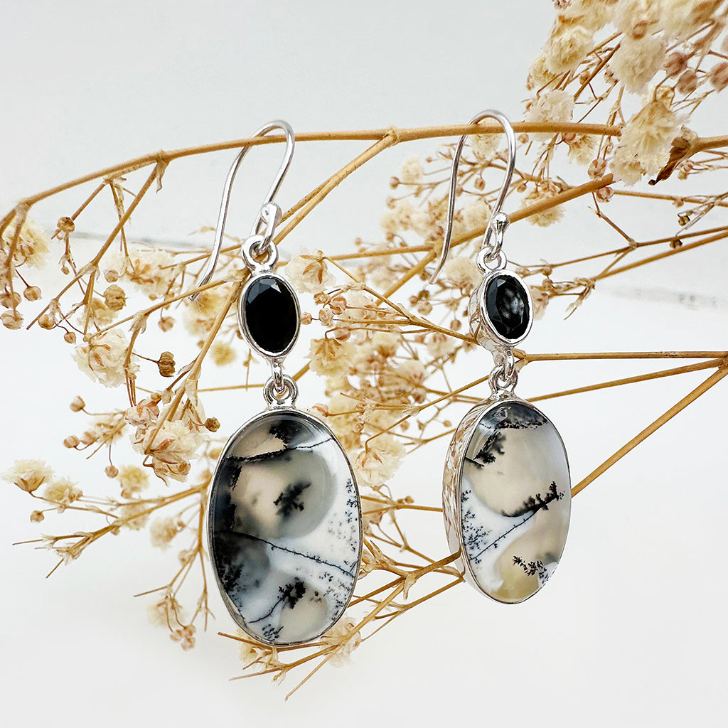 Natural Freeform Oval Dendritic Agate and Oval Black Tourmaline Silver Drop Earrings - 50mm x 15mm