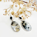 Natural Freeform Oval Dendritic Agate and Oval Black Tourmaline Silver Drop Earrings - 50mm x 15mm