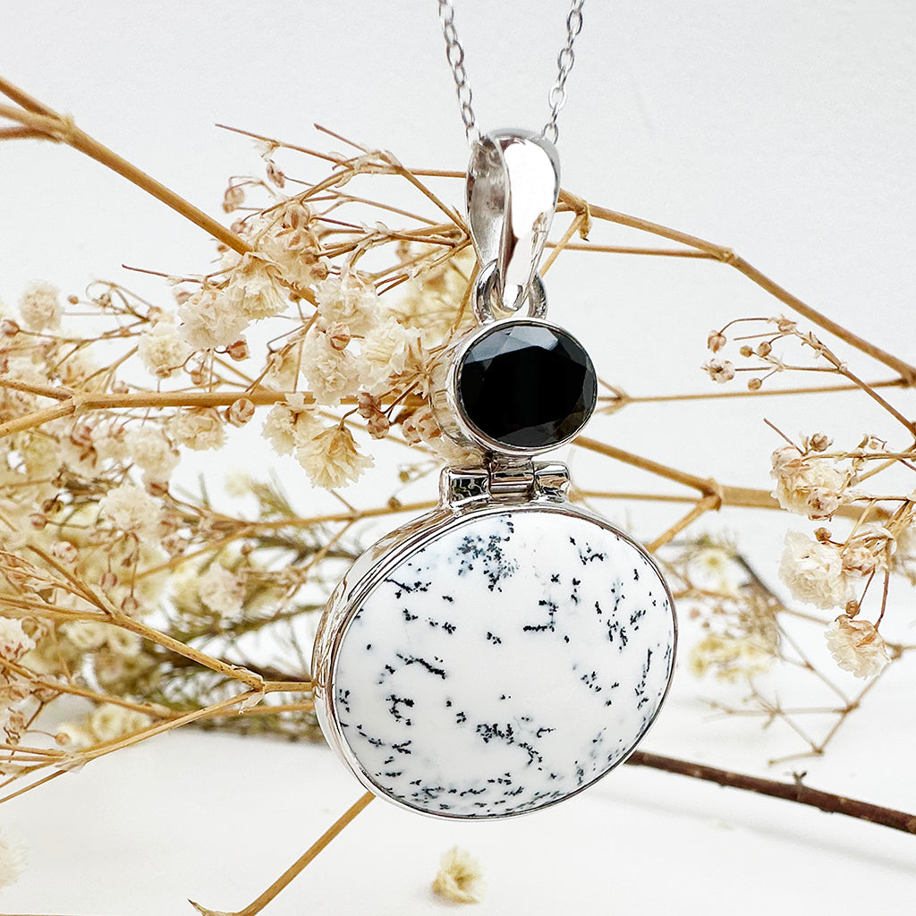 Natural Freeform Oval Dendritic Agate and Black Tourmaline Silver Pendant - 47mm x 30mm