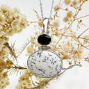 Natural Freeform Oval Dendritic Agate and Black Tourmaline Silver Pendant - 47mm x 30mm