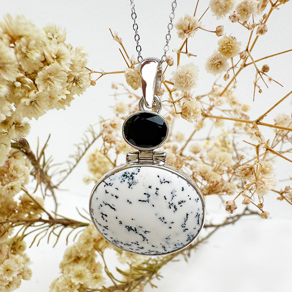 Natural Freeform Oval Dendritic Agate and Black Tourmaline Silver Pendant - 47mm x 30mm