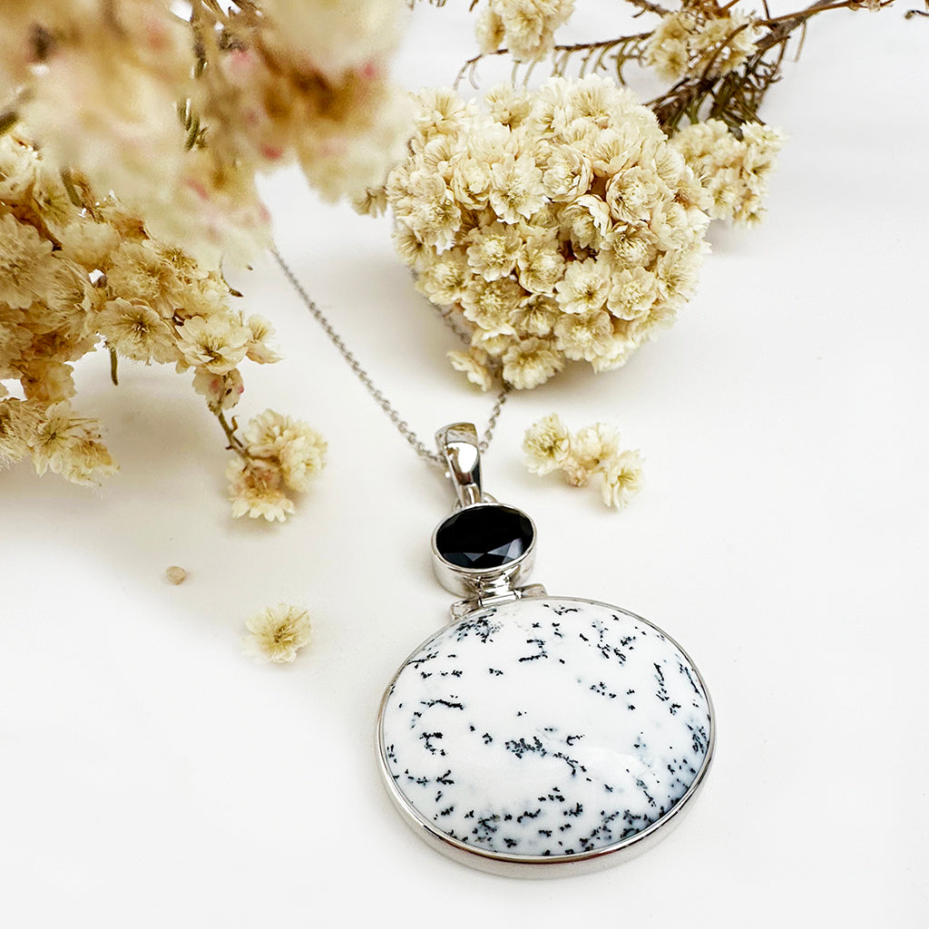 Natural Freeform Oval Dendritic Agate and Black Tourmaline Silver Pendant - 47mm x 30mm