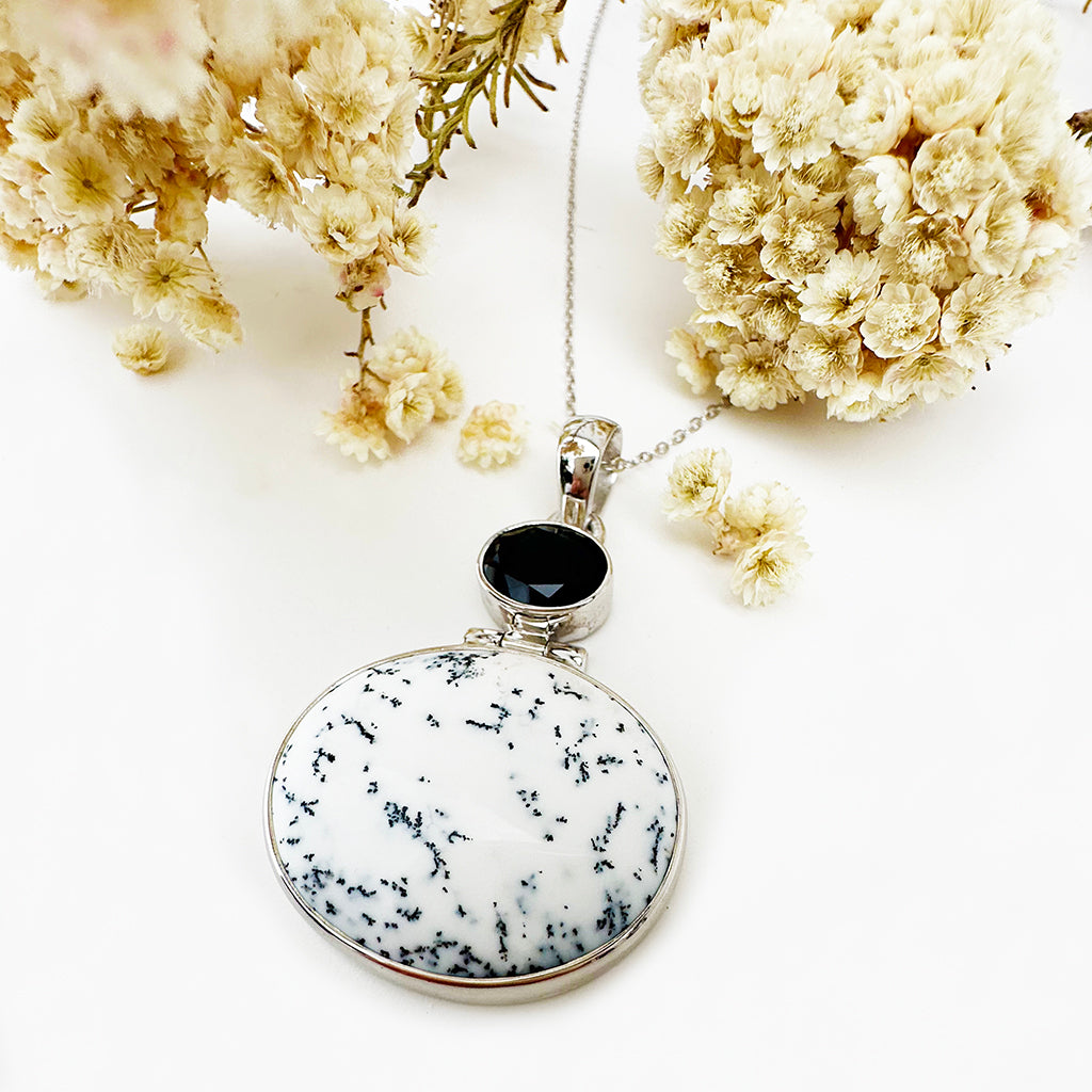 Natural Freeform Oval Dendritic Agate and Black Tourmaline Silver Pendant - 47mm x 30mm