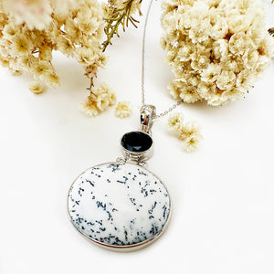 Natural Freeform Oval Dendritic Agate and Black Tourmaline Silver Pendant - 47mm x 30mm