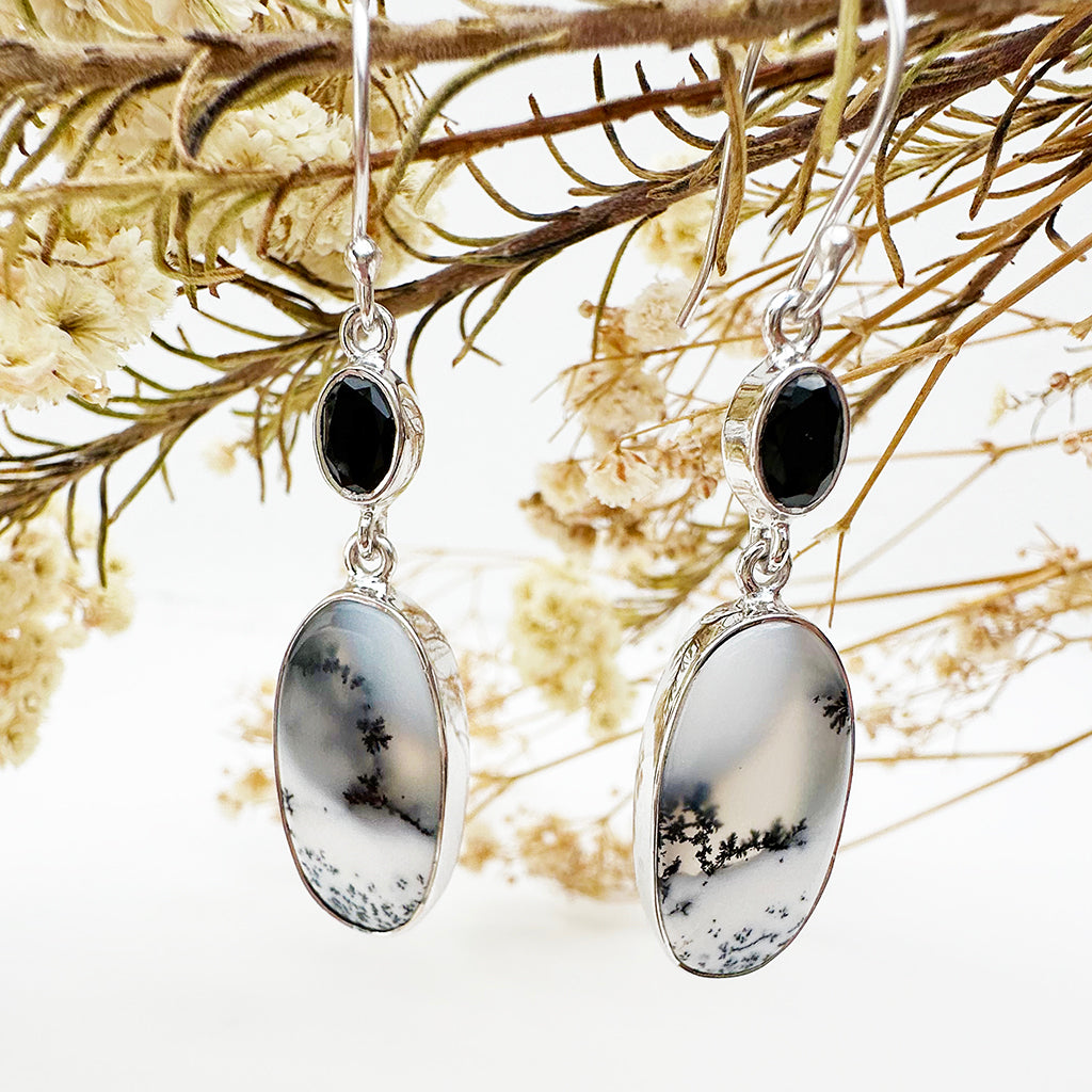 Natural Freeform Oval Dendritic Agate and Oval Black Tourmaline Silver Drop Earrings - 55mm x 13mm