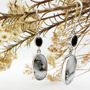 Natural Freeform Oval Dendritic Agate and Oval Black Tourmaline Silver Drop Earrings - 55mm x 13mm