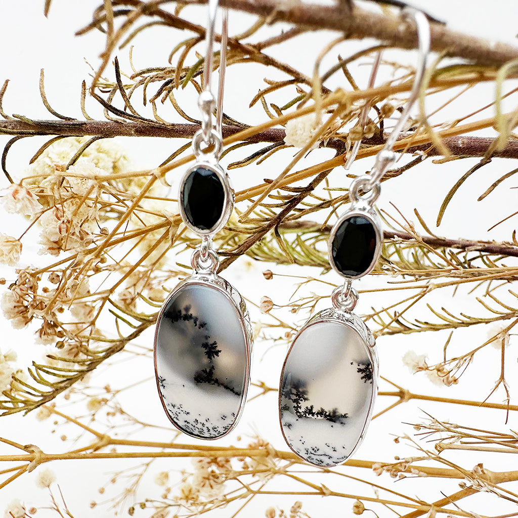 Natural Freeform Oval Dendritic Agate and Oval Black Tourmaline Silver Drop Earrings - 55mm x 13mm