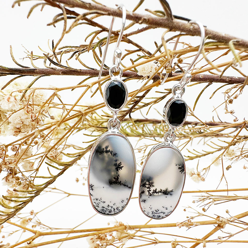 Natural Freeform Oval Dendritic Agate and Oval Black Tourmaline Silver Drop Earrings - 55mm x 13mm