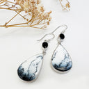 Natural Freeform Pear Cut Dendritic Agate and Oval Tourmaline Silver Drop Earrings - 56mm x 16mm