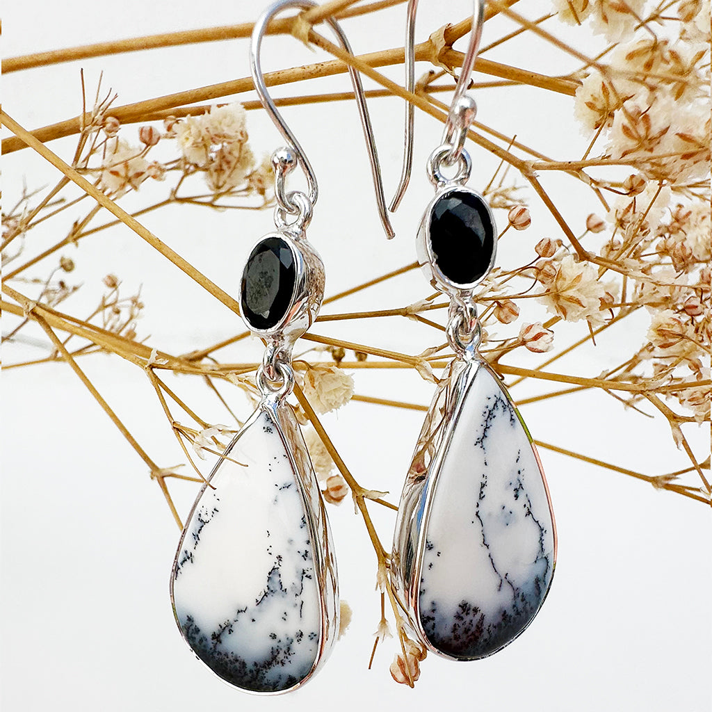 Natural Freeform Pear Cut Dendritic Agate and Oval Tourmaline Silver Drop Earrings - 56mm x 16mm