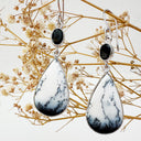 Natural Freeform Pear Cut Dendritic Agate and Oval Tourmaline Silver Drop Earrings - 56mm x 16mm