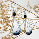 Natural Freeform Pear Cut Dendritic Agate and Oval Tourmaline Silver Drop Earrings - 56mm x 16mm